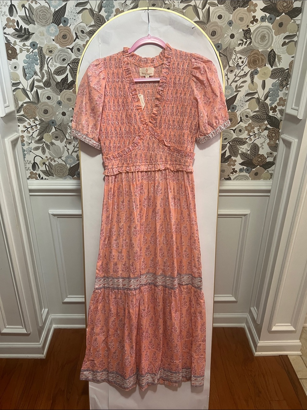 Perry walker Peach Floral Smocked Maxi Dress with Ruffle V-Neck -